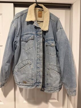 GAP Light Blue Denim Jacket with Cream Sherpa Collar